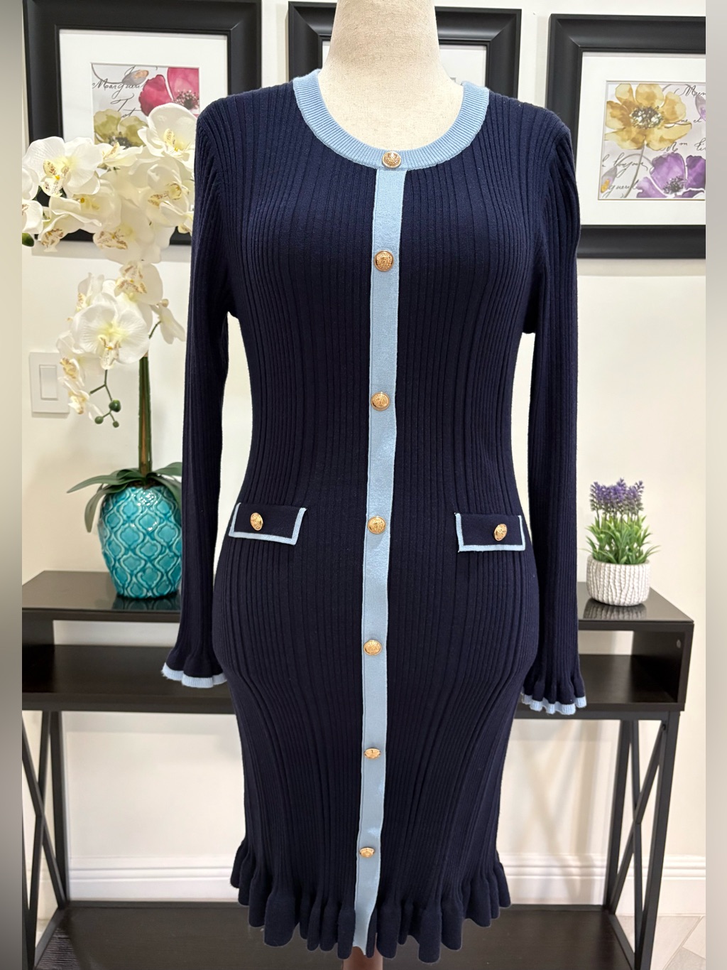 Elegant Navy Ribbed Knit Dress With Light Blue Trim